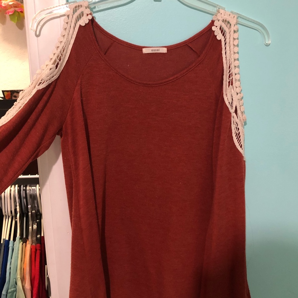 Orange Top with White Lace on Shoulders